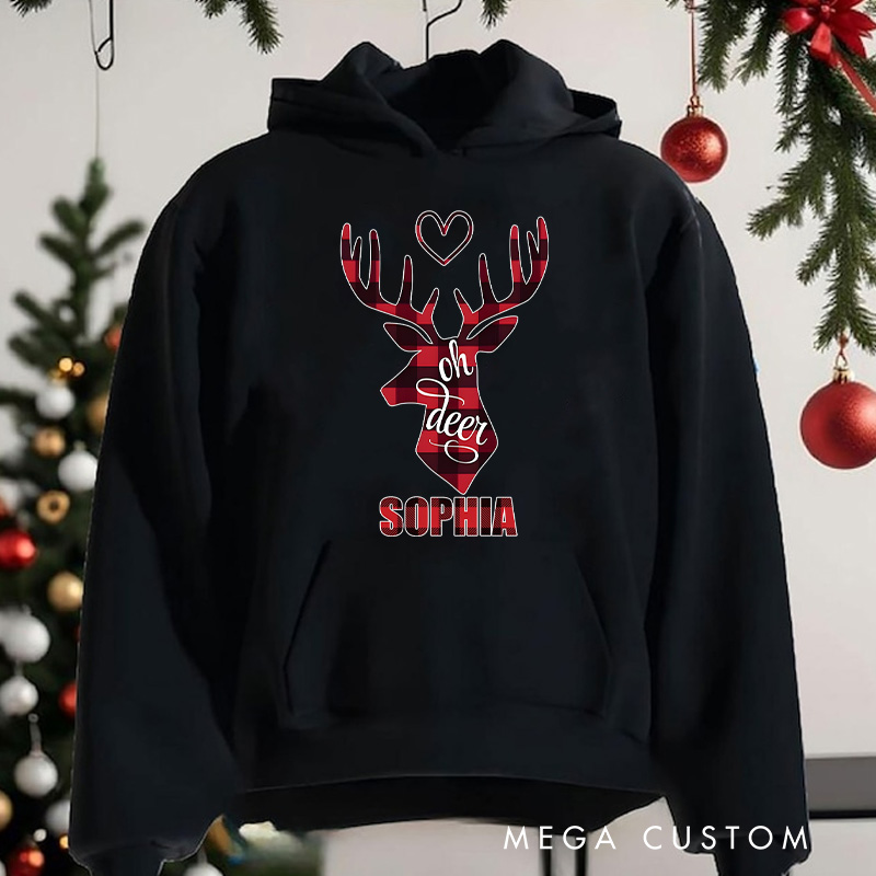Personalized Oh Deer with Red Reindeer and Heart Christmas Hoodies
