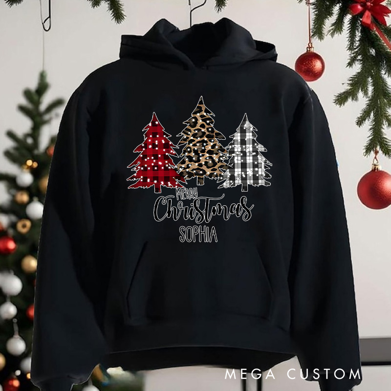 Personalized Red Plaid and Animal Print Christmas Trees Christmas Hoodies