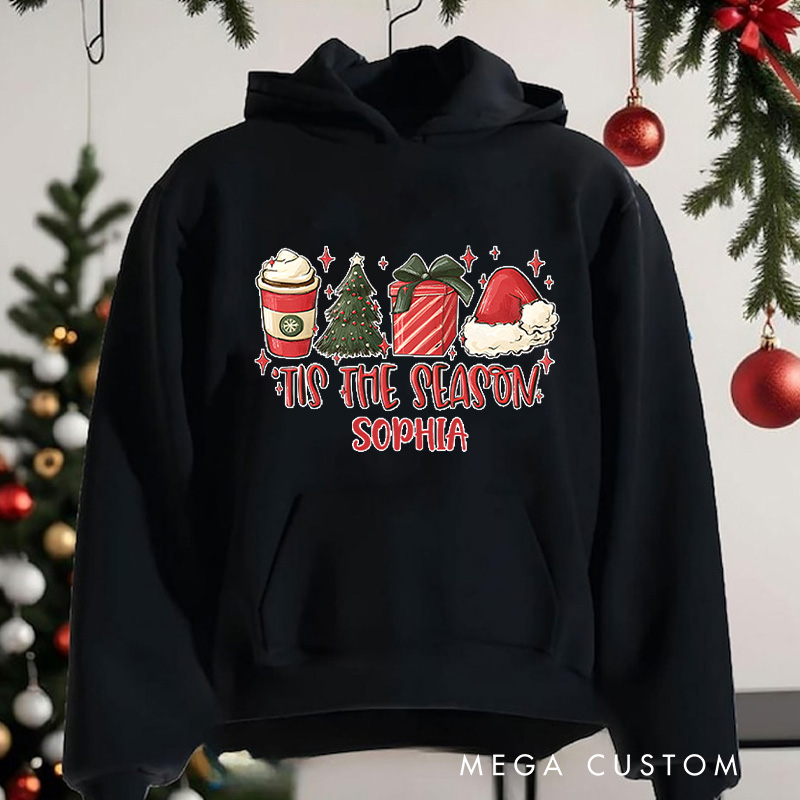 Personalized Tis the Season with Coffee and Holiday Gifts Christmas Hoodies
