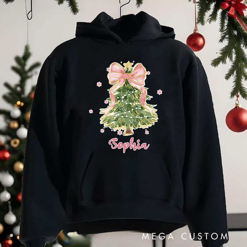 Personalized Christmas Tree with Pink Bow and Lights Christmas Hoodies