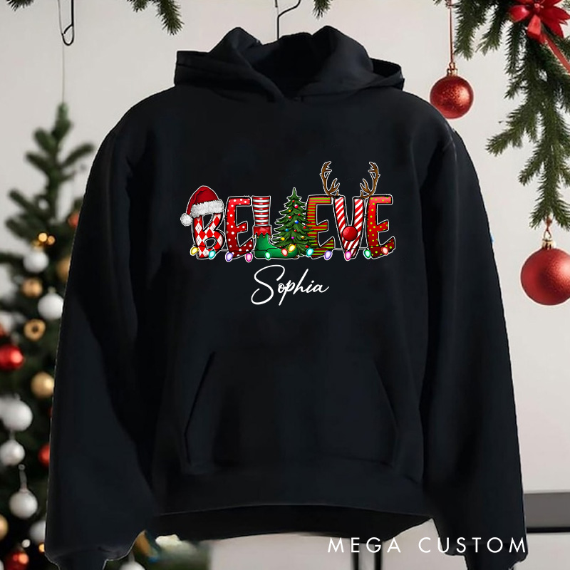 Personalized Believe with Holiday Icons and Reindeer Antlers Christmas Hoodies