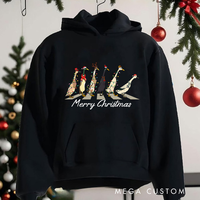 Personalized Geese Walking with Christmas Lights and Hats Christmas Hoodies