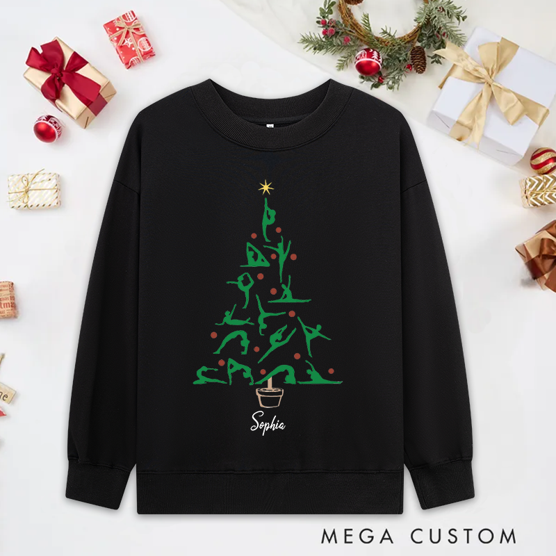 Personalized Christmas Yoga Classic Ugly Sweatshirts with Festive Tree and Yoga Poses Design Perfect for Yoga Lover and Holiday Gift