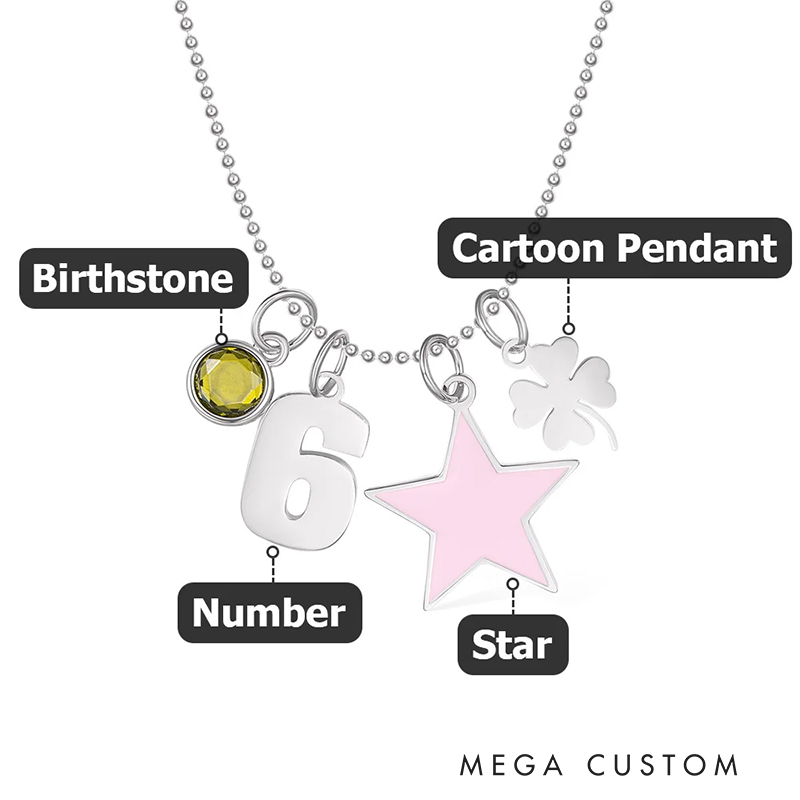 Personalized Star Heart Seahorse Ballerina Pendant Bead Chain Necklace with Birthstone Number and Engraved Name Birthday Gift for Kids Girls