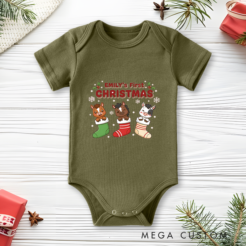 First Christmas Custom Name Baby Onesie Bodysuit with Christmas Stocking Cartoon Cow Design