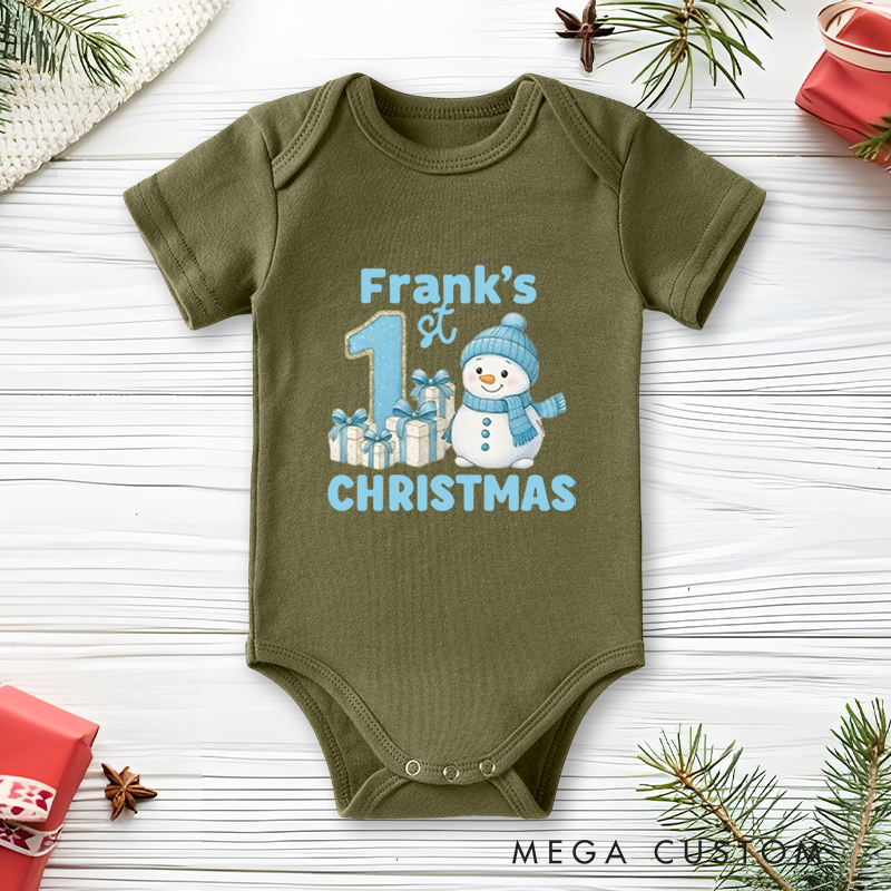 Personalized Baby Onesie and Xmas Baby Bodysuit with Snowman and Gift Design for Baby's 1st Christmas