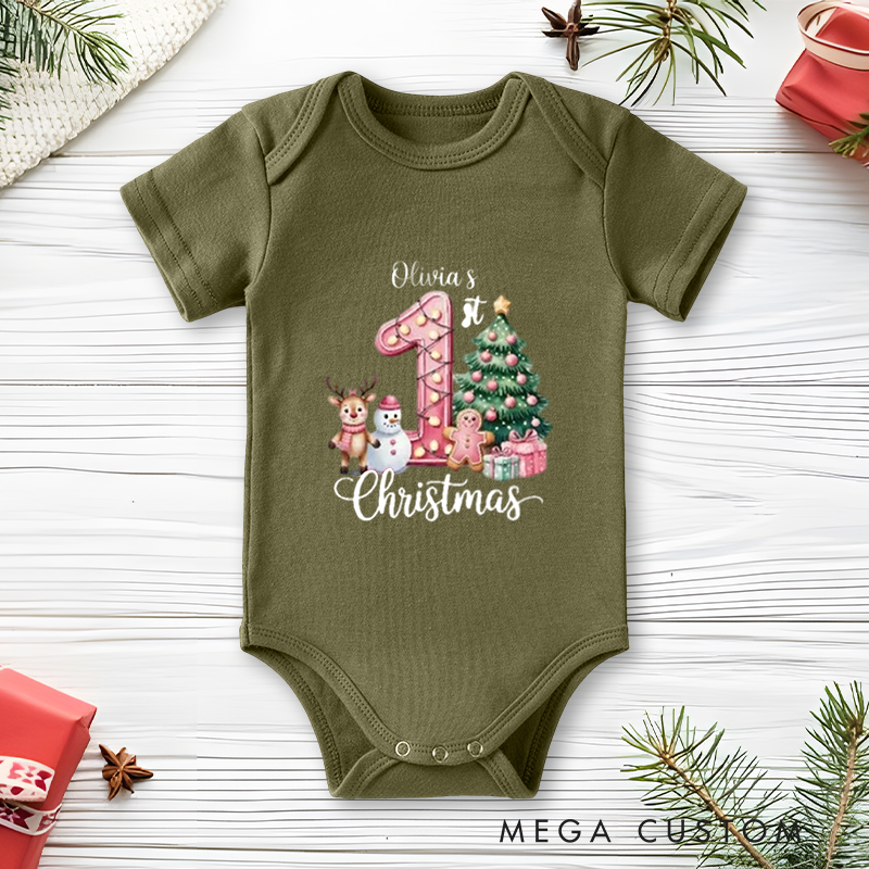 Personalized Baby Onesie and Xmas Baby Bodysuit with Deer Snowman and Christmas Tree Design for Baby's 1st Christmas
