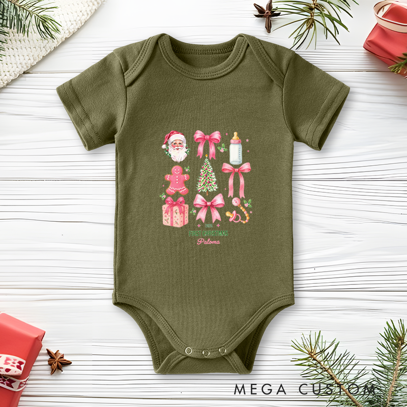 Personalized Baby Onesie and Xmas Baby Bodysuit with Festive Combo Design Santa and Gifts All There for Baby's 1st Christmas