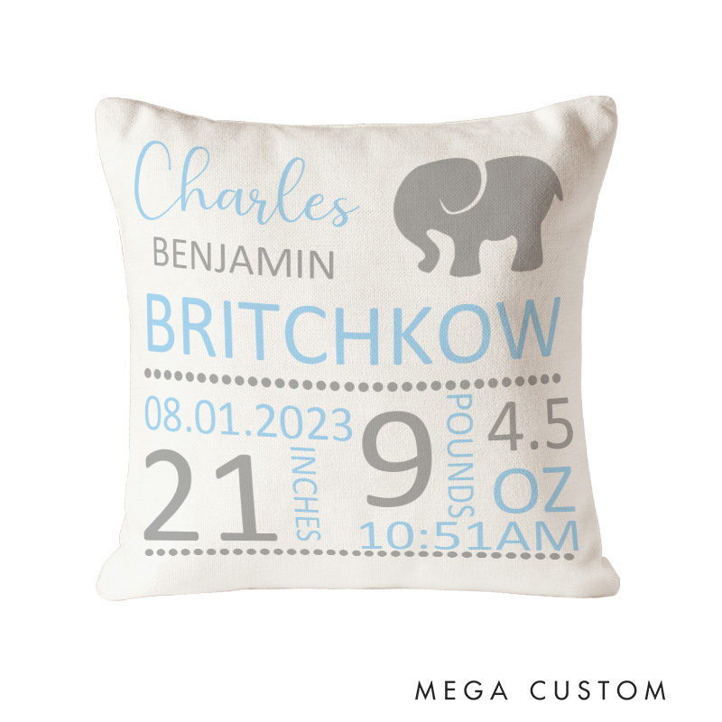 Personalized Elephant Birth Stats Throw Pillows Featuring Baby's Name And Key Details Throw Pillows