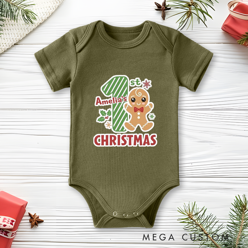 Festive Fun Baby Onesie and Xmas Baby Bodysuit with Gingerbread Man Design for Baby's 1st Christmas