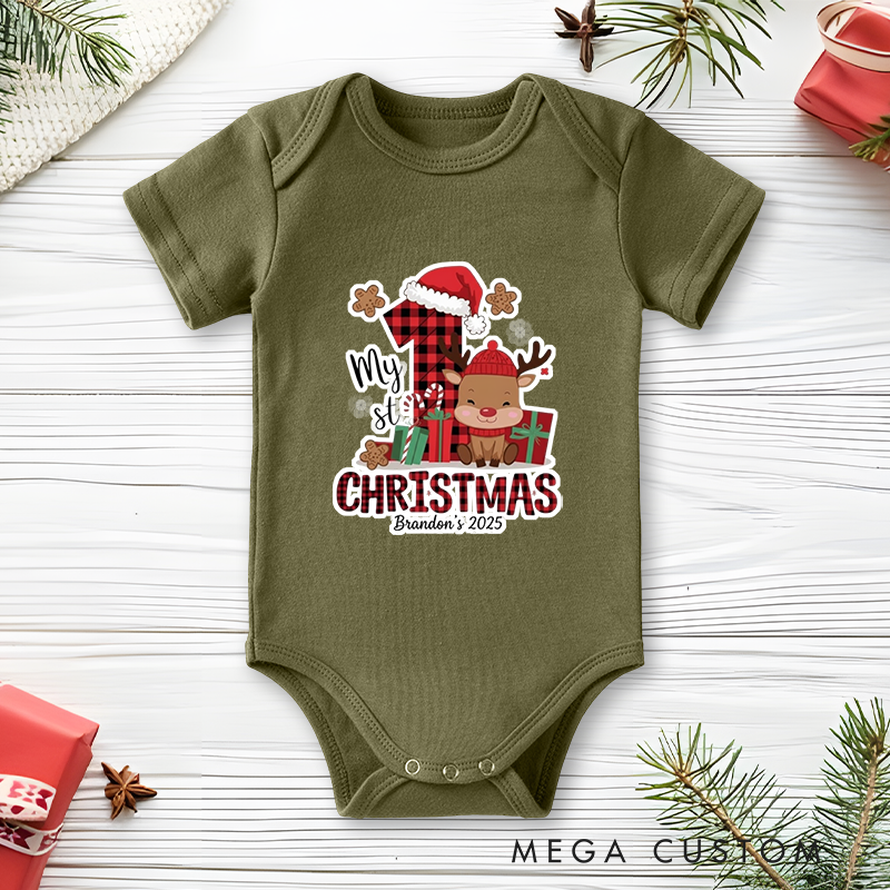Festive Joy Baby Onesie and Xmas Baby Bodysuit with Reindeer and Gift Design for Baby's 1st Christmas