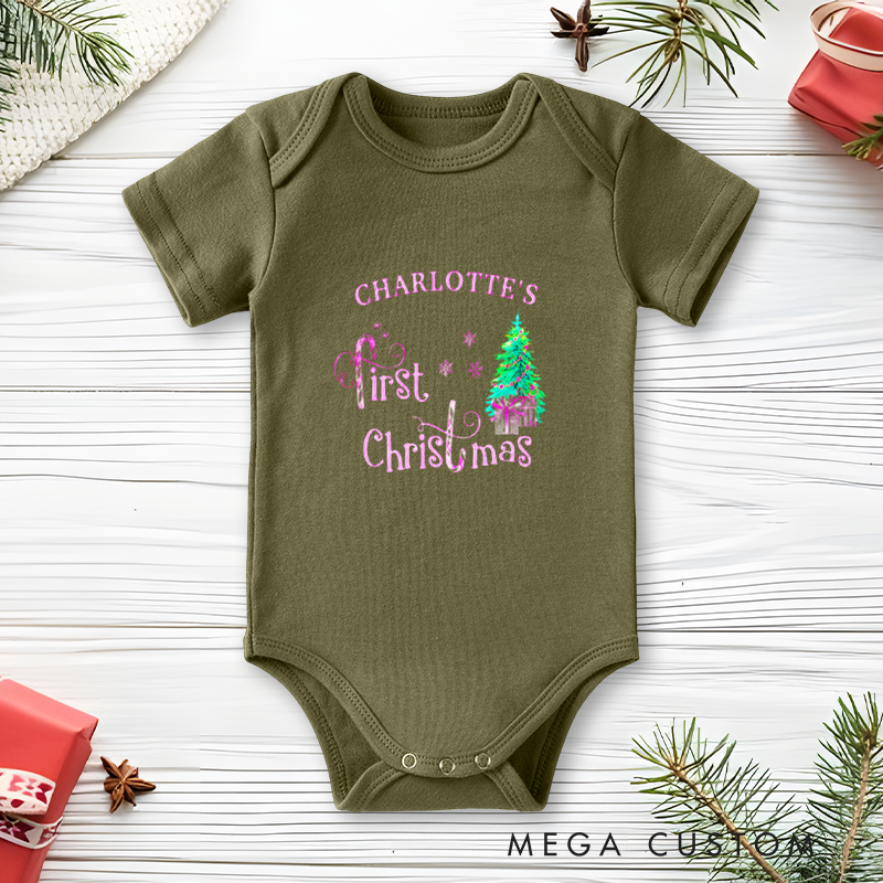 Dreamy Festive Baby Onesie and Xmas Baby Bodysuit with Christmas Tree and Gift Design for Baby Girl's 1st Christmas