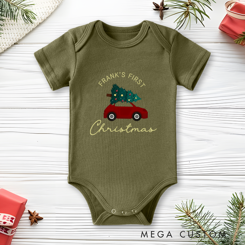 Personalized Baby Onesie and Xmas Baby Bodysuit with Car and Christmas Tree Design for Baby's 1st Christmas