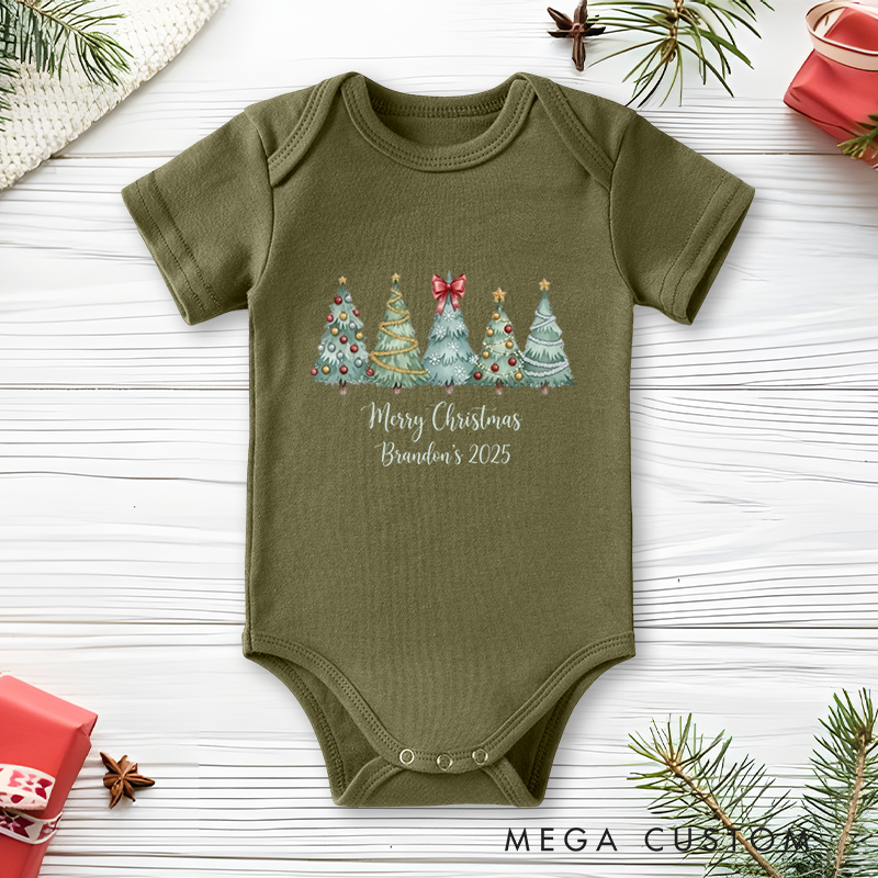 Personalized Baby Onesie and Xmas Baby Bodysuit with Forest Christmas Tree Design for Christmas in 2025