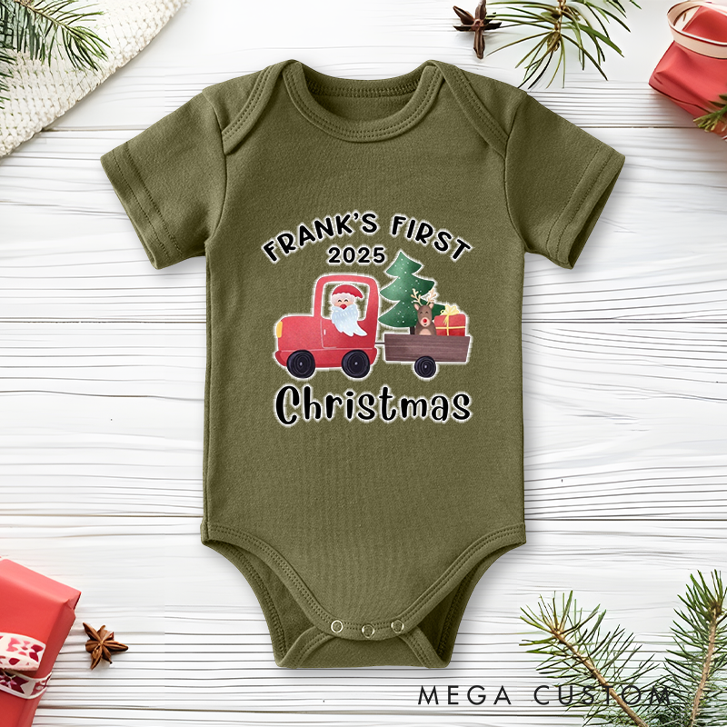Personalized Baby Onesie and Xmas Baby Bodysuit with Santa and Christmas Tree Truck Design for Baby's 1st Christmas