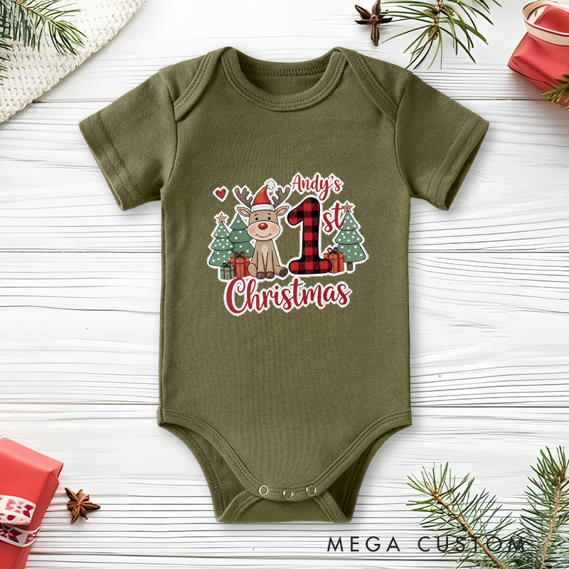 Personalized Baby Onesie and Xmas Baby Bodysuit with Painted Reindeer and Christmas Tree Design for Baby's 1st Christmas