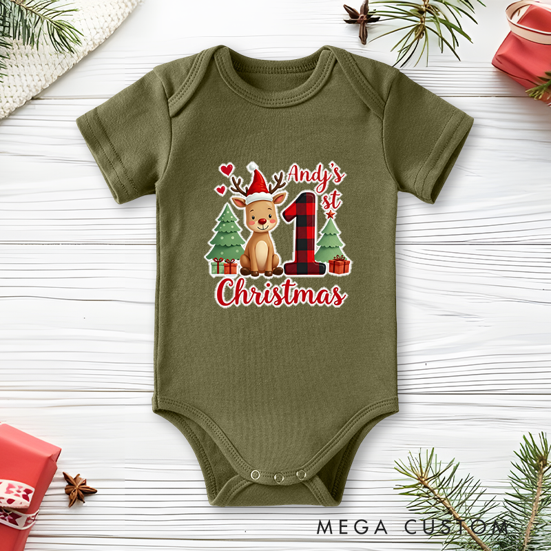 Personalized Baby Onesie and Xmas Baby Bodysuit with 3D Reindeer and Christmas Tree Design for Baby's 1st Christmas