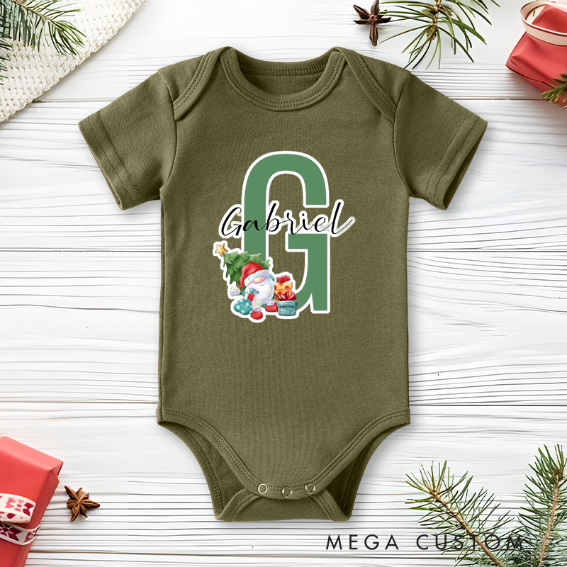 Personalized Baby Onesie and Holiday Baby Bodysuit with Santa and Christmas Tree Design Featuring Baby's Initial for a Festive Look