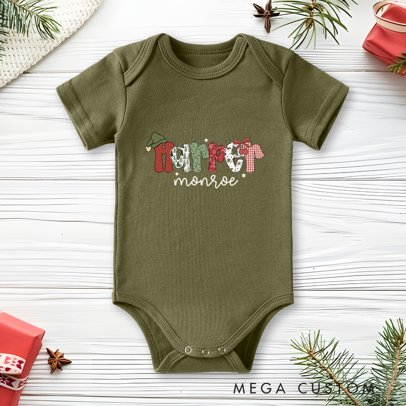 Personalized Baby Onesie and Holiday Baby Bodysuit with Festive Patchwork Letter Design for a Joyful Christmas