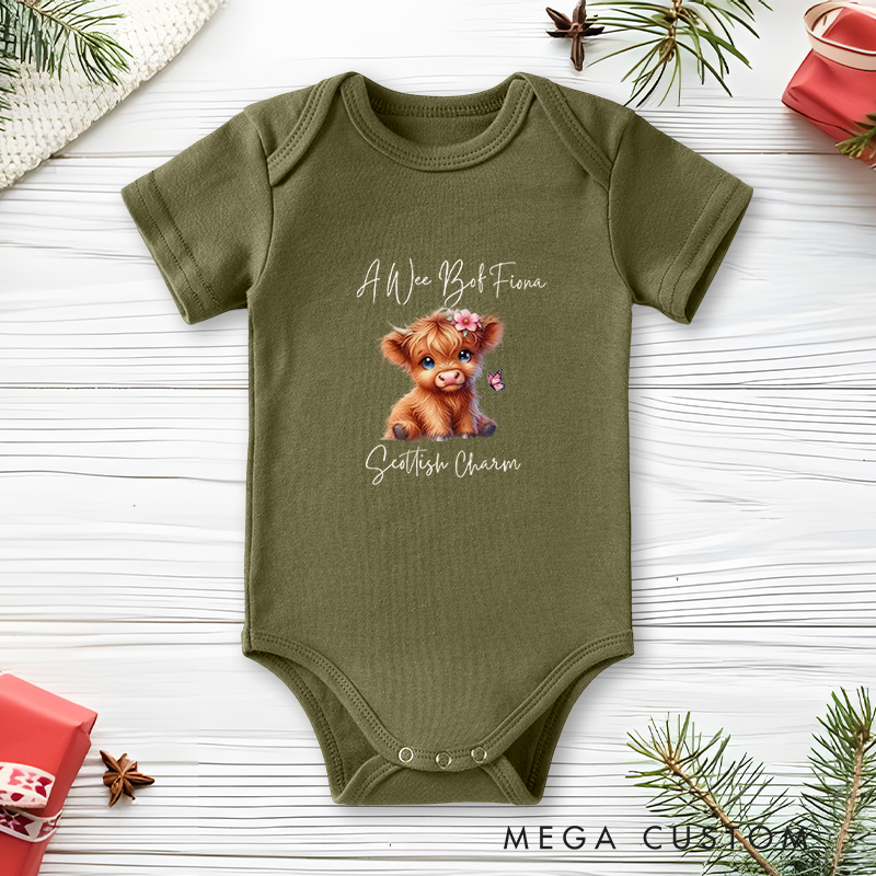 Personalized Baby Onesie and Scottish Themed Baby Bodysuit with Adorable Highland Cow and Butterfly Design for a Charming Touch