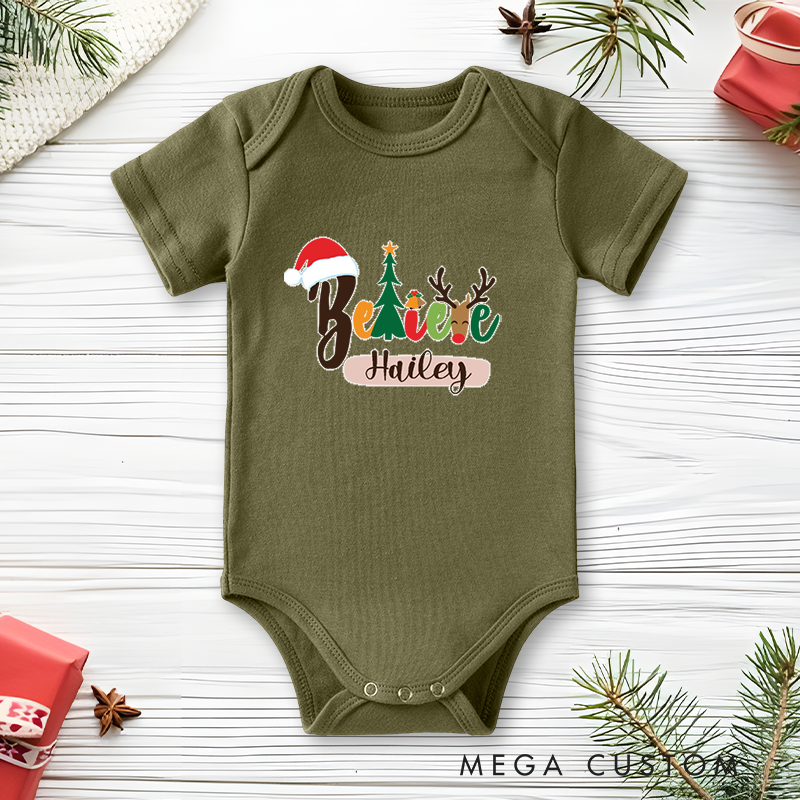 Personalized Baby Onesie and Festive Baby Bodysuit with Christmas Tree and Reindeer Design for a Joyful Holiday Season