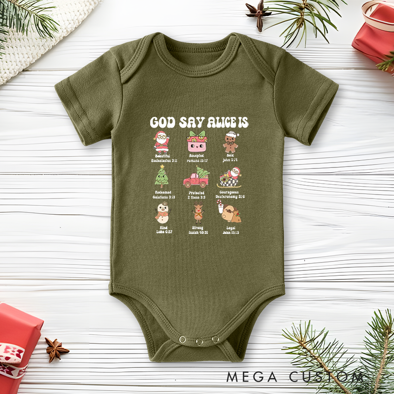 Personalized Baby Onesie and Inspirational Baby Bodysuit with Cute Character and Scripture Design for a Faith Filled Touch