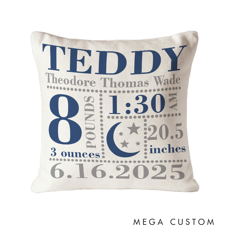 Personalized Boys Birth Announcement  Baby Throw Pillow Moon and Stars in Navy and Grey Pillow