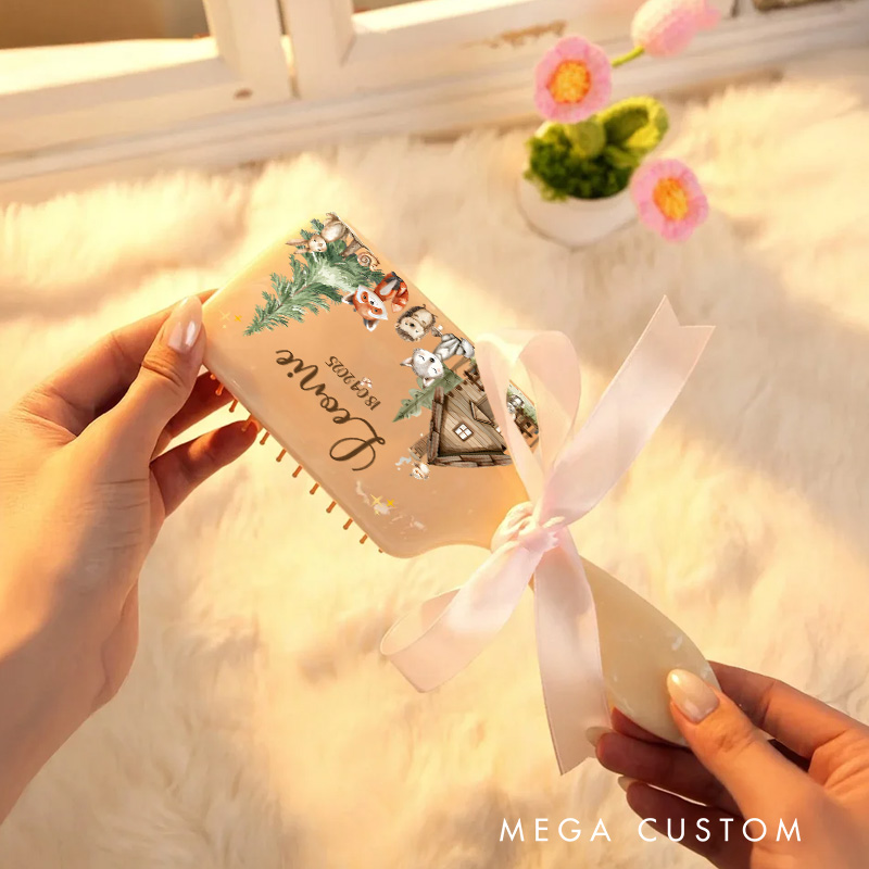 Personalized Woodland Hair Brush with Custom Name and Date Featuring Cozy Cabin and Forest Animals Design Hair Brush
