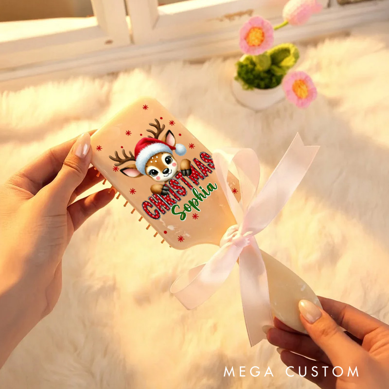 Personalized Reindeer Hair Brush with Custom Name and Festive Christmas Design for Kids and Holiday Cheer Hair Brush