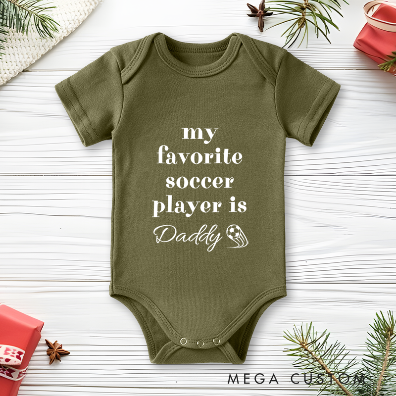 Personalized Soccer Baby Onesie with Minimal Text and Soccer Graphic, made from Soft Cotton Fabric with Editable Name or Title