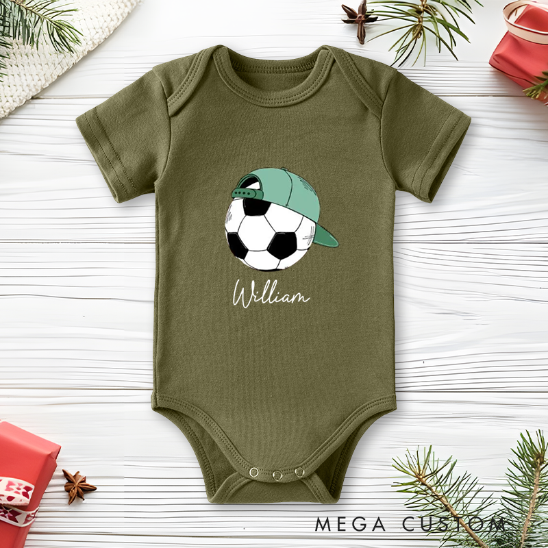 Personalized Soccer Baby Onesie with Baseball Cap and Ball Graphic, made from Soft Cotton Fabric with Editable Name