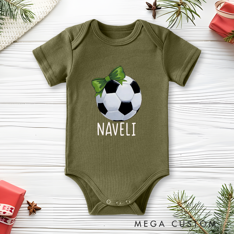 Personalized Soccer Baby Onesie with Bow and Ball Design Soft Cotton Fabric and Editable Name or Nickname