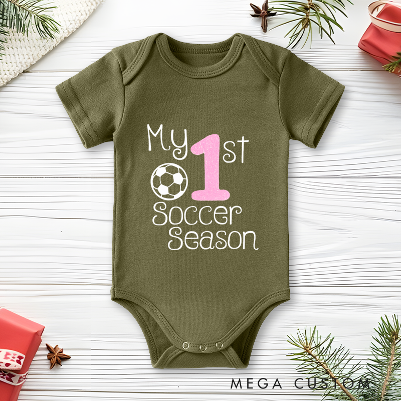 Personalized Baby Onesie with Soccer Ball and Number Motif Design Symbolizing Growth and Special First Milestones