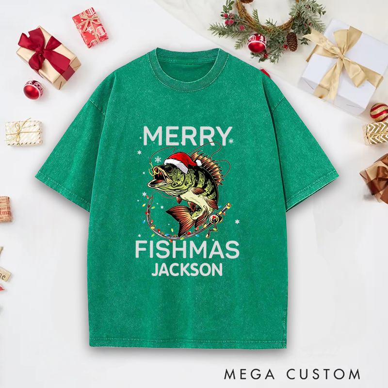 Personalized Fishing T-Shirt Merry Fishmas T-Shirt Funny Fishing Sweatshirt Christmas Gifts Ideal Gift for Fishing Lovers
