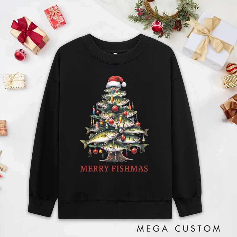 Personalized Festive Fish Tree Bass Sweatshirt Fisherman Christmas Tree Sweatshirt Cozy Funny Fishing Gift Holiday Gift for Fishing Enthusiasts