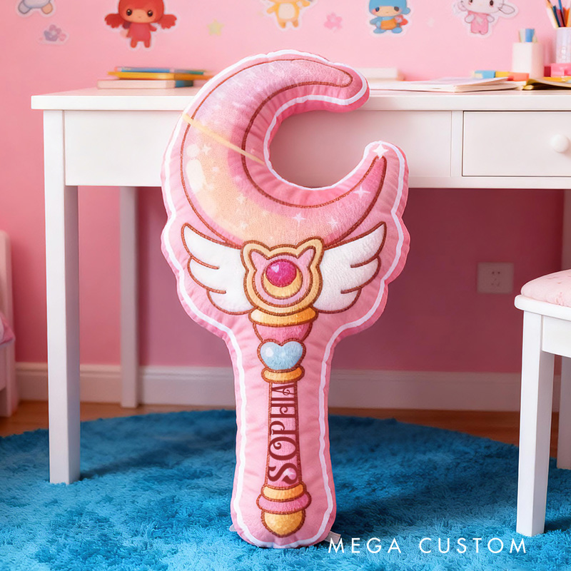 Personalized Magical Wand Moon Shape Custom Name Soft Decorative Gift Fantasy Princess Style Cozy Girls Room Dreamy Pink Graphic 3D Print Pillow