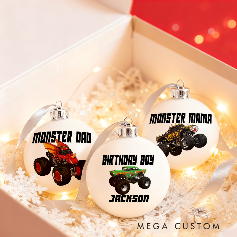 Personalized Monster Truck Christmas Ornaments Custom Designs Set of 3 Gift for Monster Truck Fans