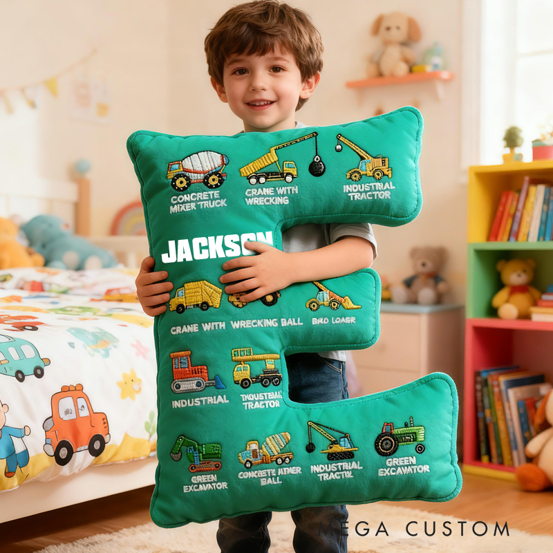 Personalized Construction Letter Custom Name Soft Decorative Gift Builder Truck Style Cozy Bedroom Blue Crane Excavator Tractor Vehicle Fun Boy Room Graphic 3D Print Pillow