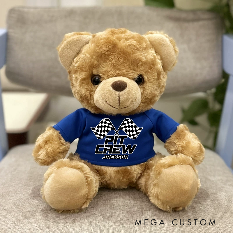 Personalized Pit Crew Brown Bear Plush Toy Custom Racing Vehicle Lover Gift
