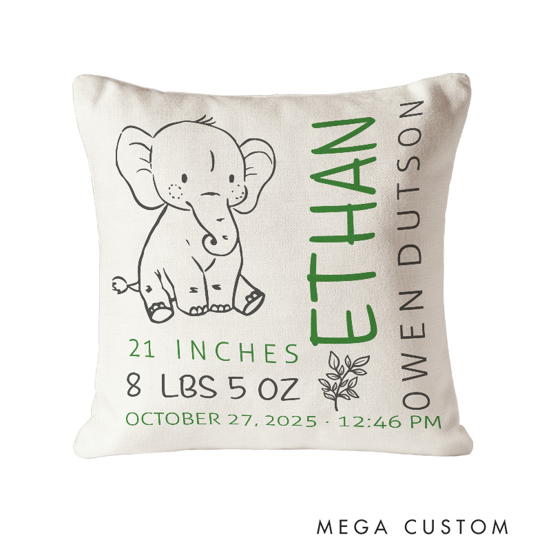 Personalized Woodland Nursery Elephant Birth Stats Baby Throw Pillow Baby Boy Or Girl Gift