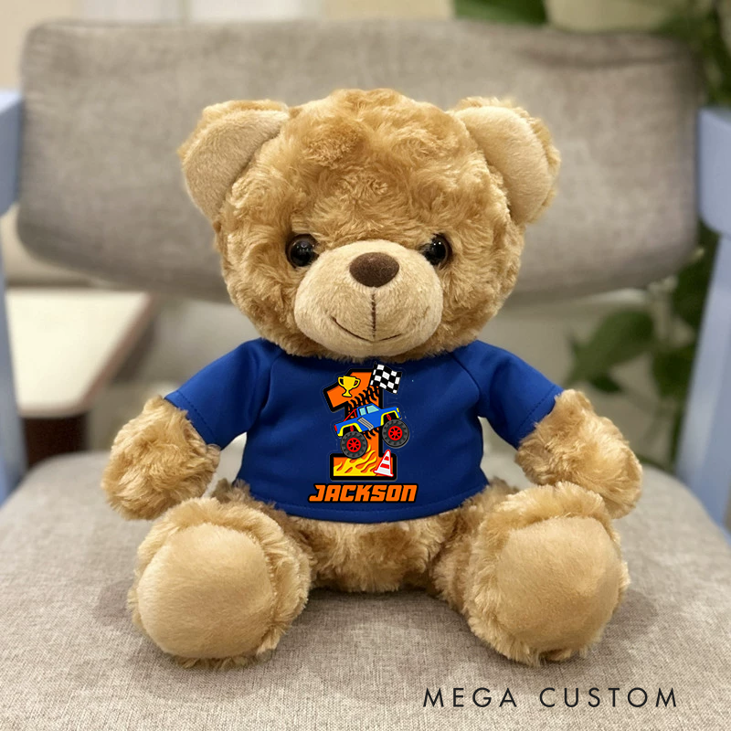 Personalized Monster Truck Brown Bear Plush Toy Custom Name Birthday Gift