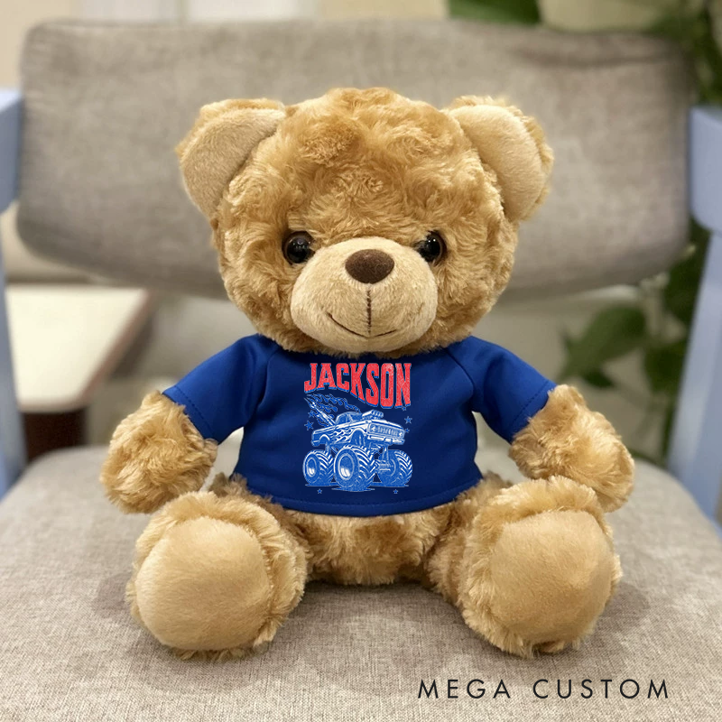 Personalized Monster Truck Brown Bear Plush Toy Custom Name Gift
