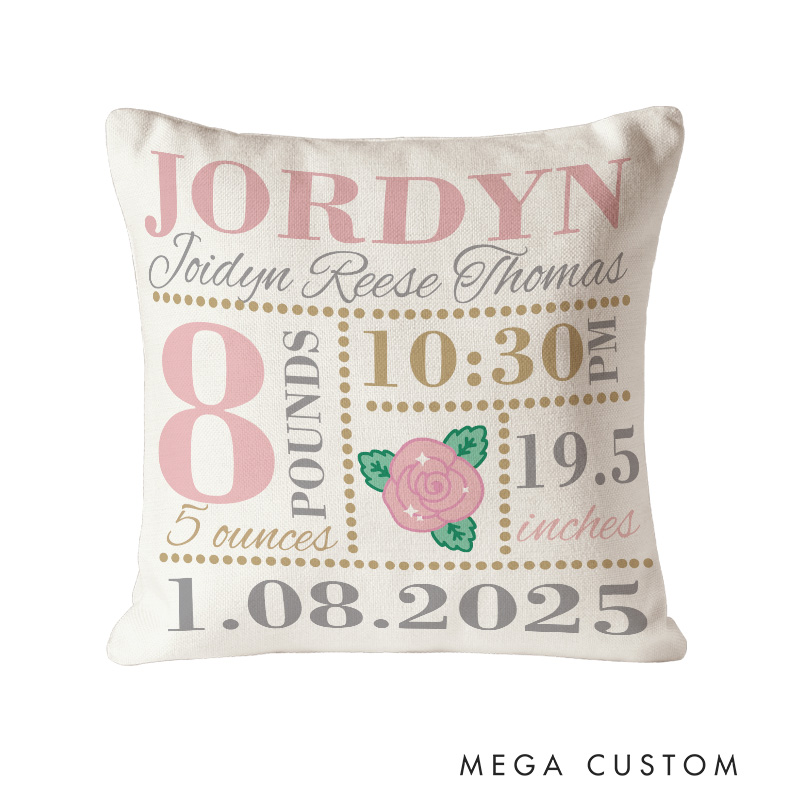 Personalized Girls Birth Announcement Baby Throw Pillow New Mom Gift New Baby Gift