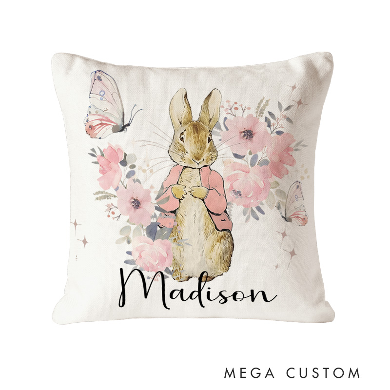 Personalized Bunny And Floral Throw Pillows Highlighting Charming Bunny Illustrations Throw Pillows
