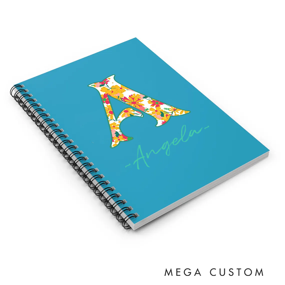 Personalized A5 Spiral Notebook Beautiful Floral Initial Design Gift with Custom Name for Everyday Use
