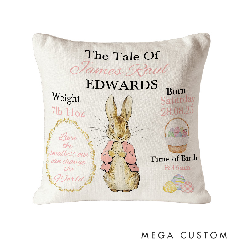 Personalized Peter/Flopsy Rabbit Baby Girl Throw Pillow Keepsake Gift for Christening