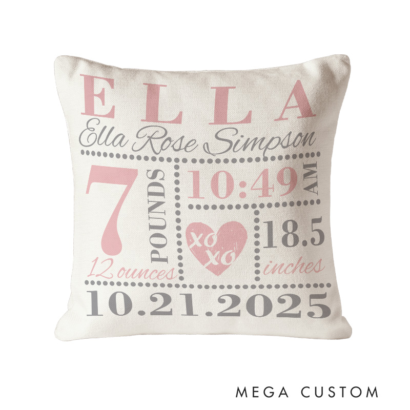 Personalized Baby Girls Birth Announcement Throw Pillow in Baby Pink and Grey with XO Heart