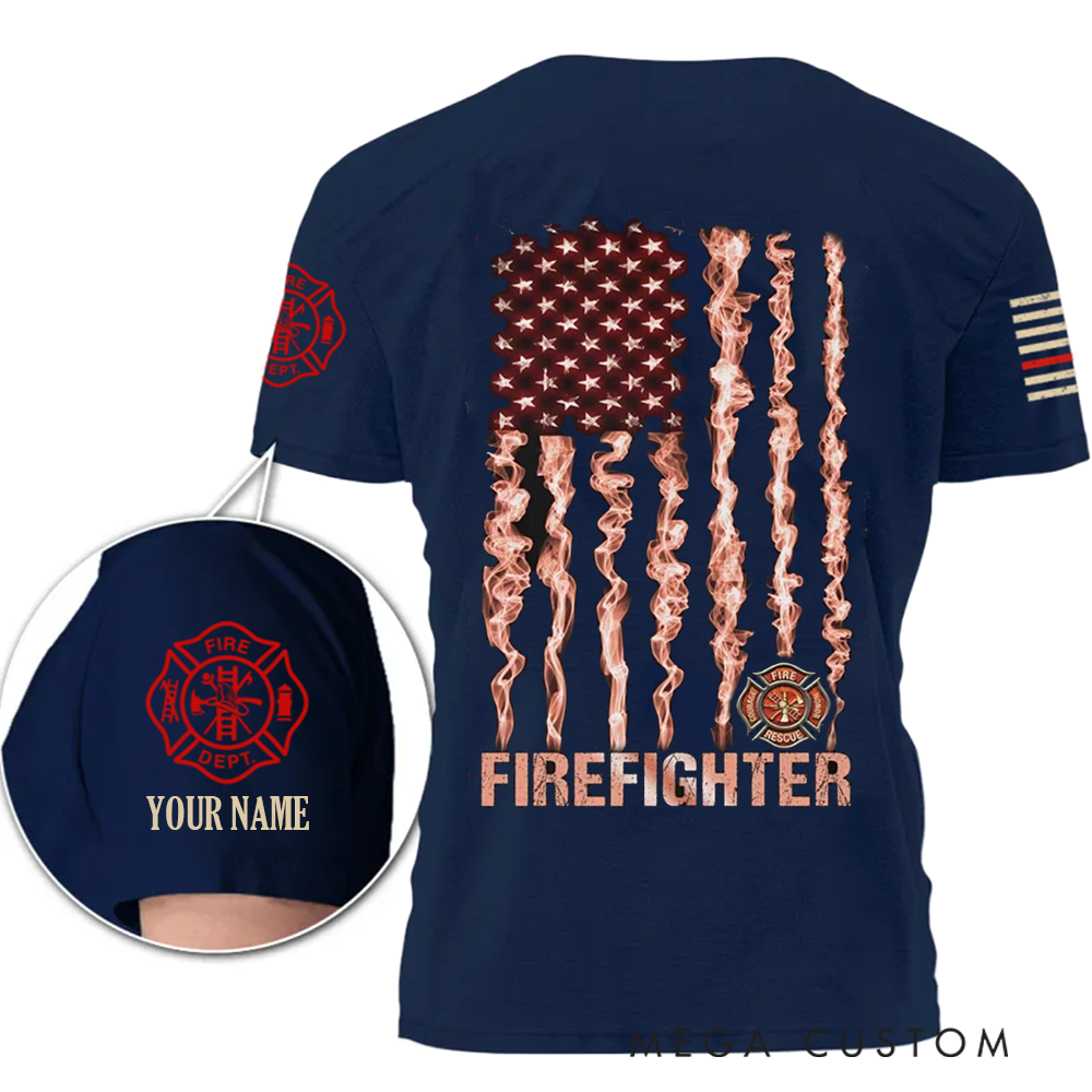 Personalized Firefighter T-Shirt with Smoky American Flag Design Perfect Custom Gift for Heroes