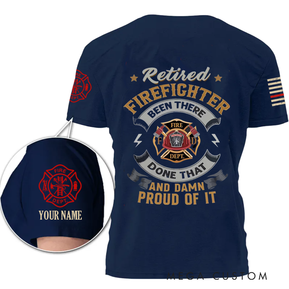 Personalized Retired Firefighter T-Shirt with Custom Name and Badge Design Proud Retirement Gift
