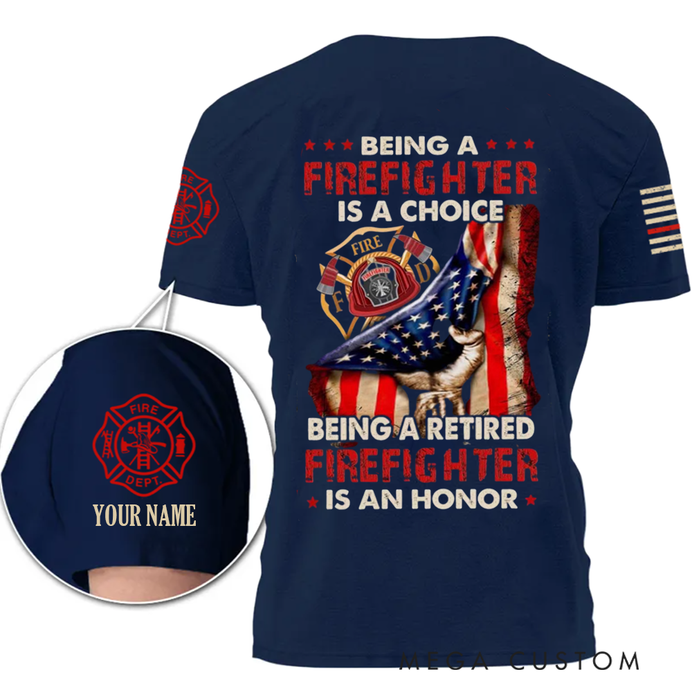 Personalized Retired Firefighter T-Shirt with American Flag and Custom Name Honorable Retirement Gift
